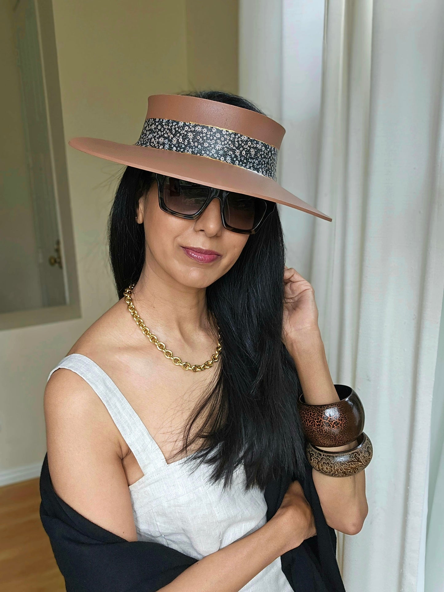 Brown "LadyEVA" Visor Hat with Black Floral Band
