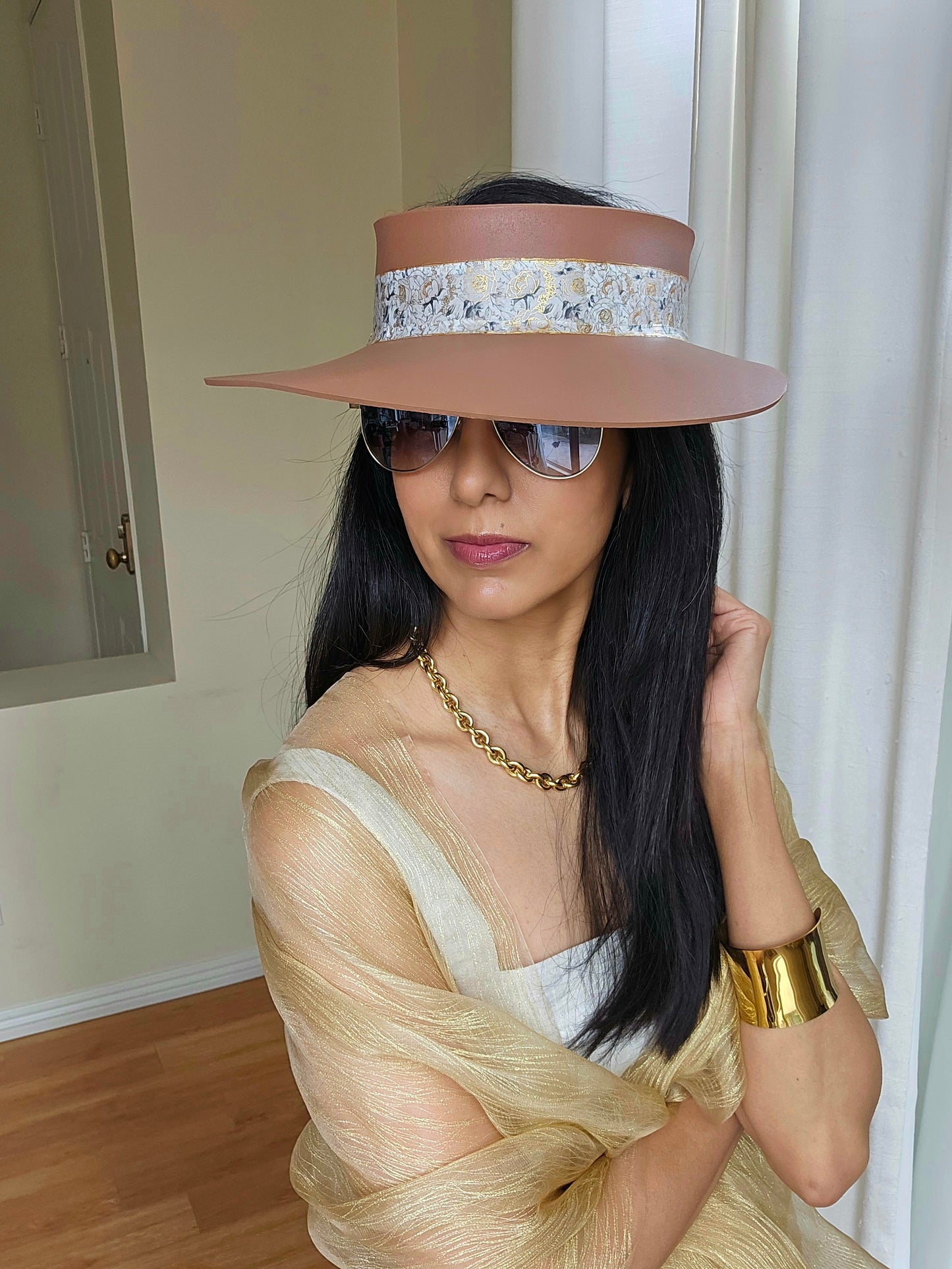 Brown "LadyEVA" Visor Hat with White and Gold Floral Band