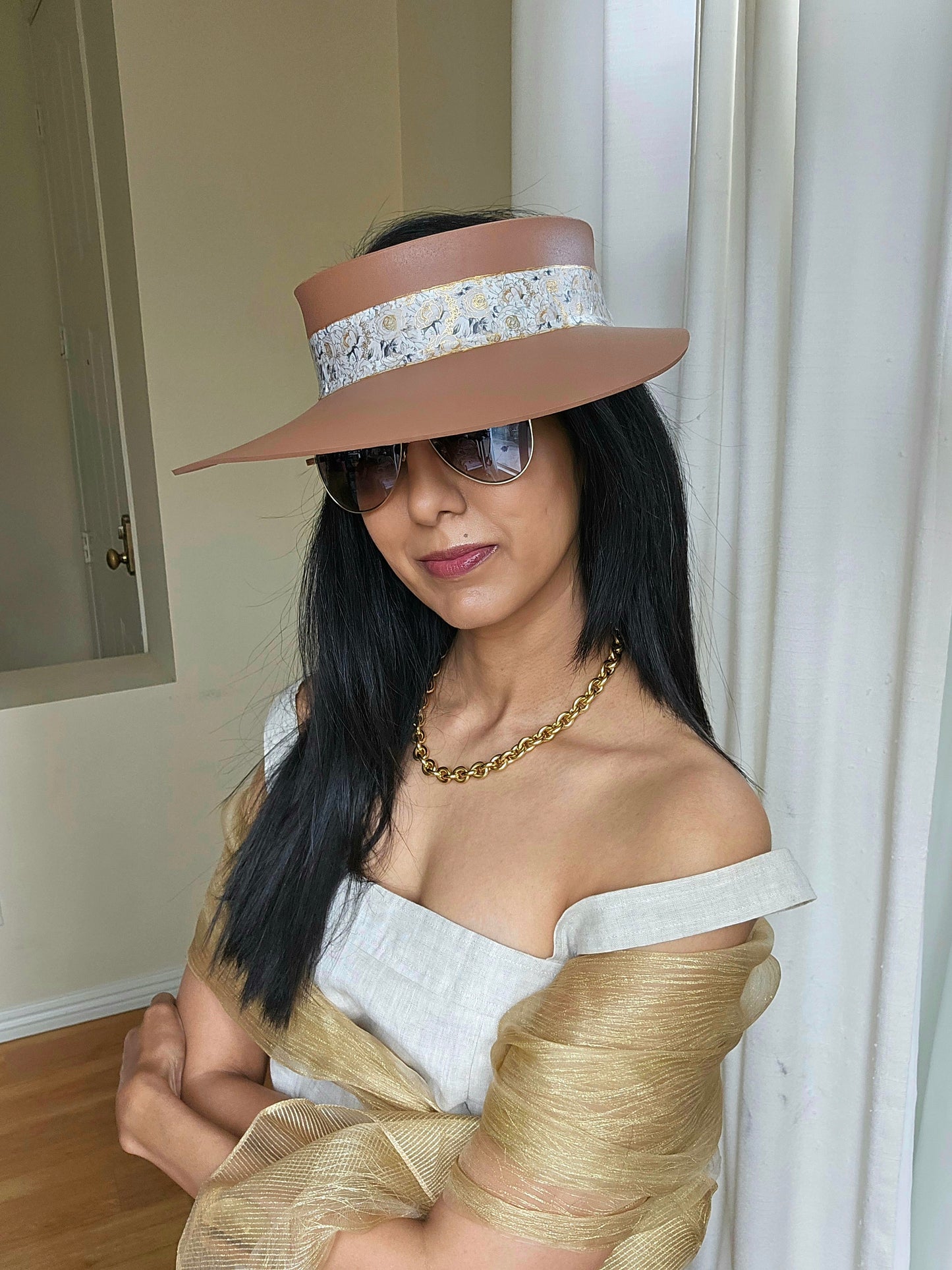 Brown "LadyEVA" Visor Hat with White and Gold Floral Band
