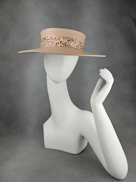 Peachy Beige Audrey Sun Visor Hat with Delicate Floral Band: UV Resistant, Walks, Brunch, Tea, Golf, Wedding, Church, No Headache, 1950s Pool, Beach, Big Brim