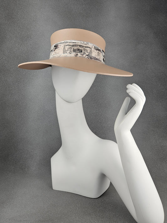 Tall Peachy Beige Audrey Sun Visor Hat with French Themed Band: UV Resistant, Walks, Brunch, Tea, Golf, Wedding, Church, No Headache, 1950s Pool, Beach, Big Brim