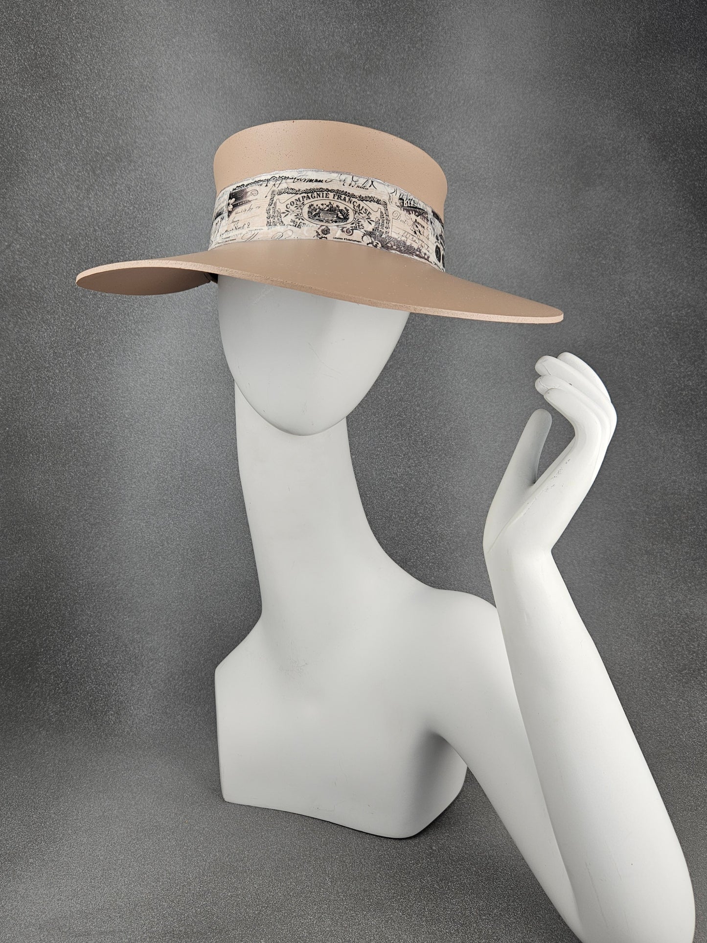 Tall Peachy Beige Audrey Sun Visor Hat with French Themed Band: UV Resistant, Walks, Brunch, Tea, Golf, Wedding, Church, No Headache, 1950s Pool, Beach, Big Brim