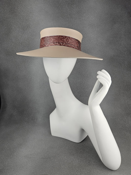 Peachy Beige Audrey Sun Visor Hat with Elegant Burgundy Geometric Band: UV Resistant, Walks, Brunch, Tea, Golf, Wedding, Church, No Headache, 1950s Pool, Beach, Big Brim