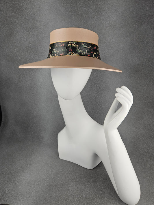 Tall Peachy Beige Audrey Sun Visor Hat with Classy Black Floral Band: UV Resistant, Walks, Brunch, Tea, Golf, Wedding, Church, No Headache, 1950s Pool, Beach, Big Brim