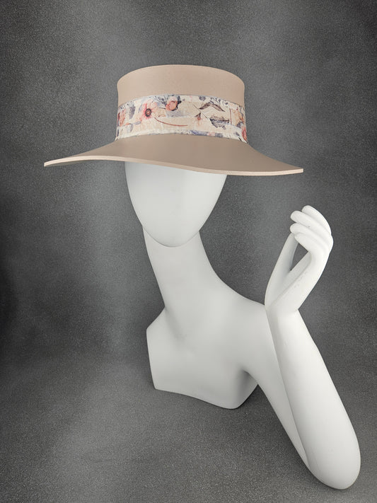 Tall Peachy Beige Audrey Sun Visor Hat with Elegant Pink Floral Band: UV Resistant, Walks, Brunch, Tea, Golf, Wedding, Church, No Headache, 1950s Pool, Beach, Big Brim