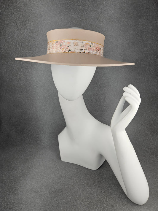 Peachy Beige Audrey Sun Visor Hat with Vintage Style Pink Floral Band: UV Resistant, Walks, Brunch, Tea, Golf, Wedding, Church, No Headache, 1950s Pool, Beach, Big Brim