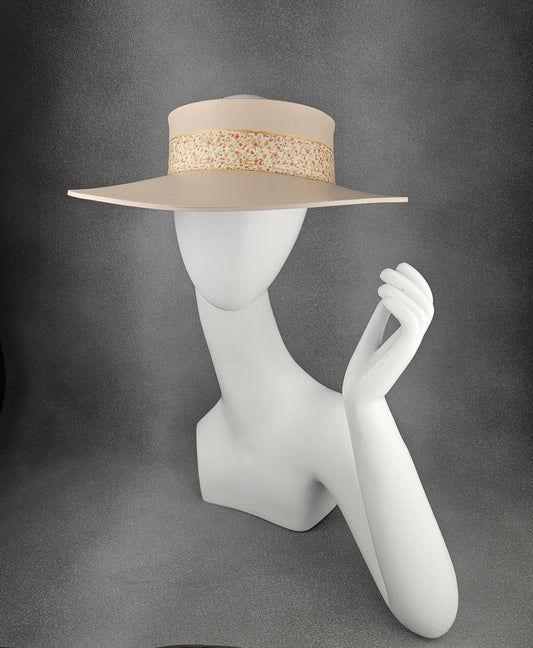Peachy Beige Audrey Sun Visor Hat with Dainty Pink Floral Band: UV Resistant, Walks, Brunch, Tea, Golf, Wedding, Church, No Headache, 1940s Pool, Beach, Big Brim
