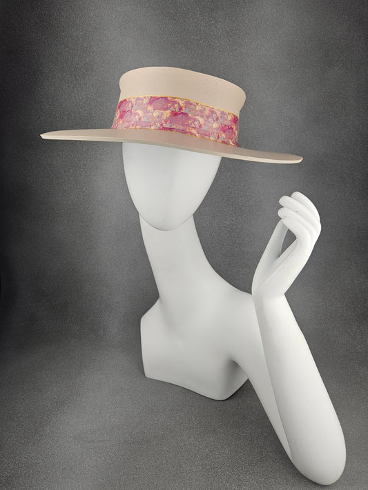 Peachy Beige Audrey Sun Visor Hat with Lovely Magenta Pink Marbled Band: UV Resistant, Walks, Brunch, Tea, Golf, Wedding, Church, No Headache, 1940s Pool, Beach, Big Brim, Summer