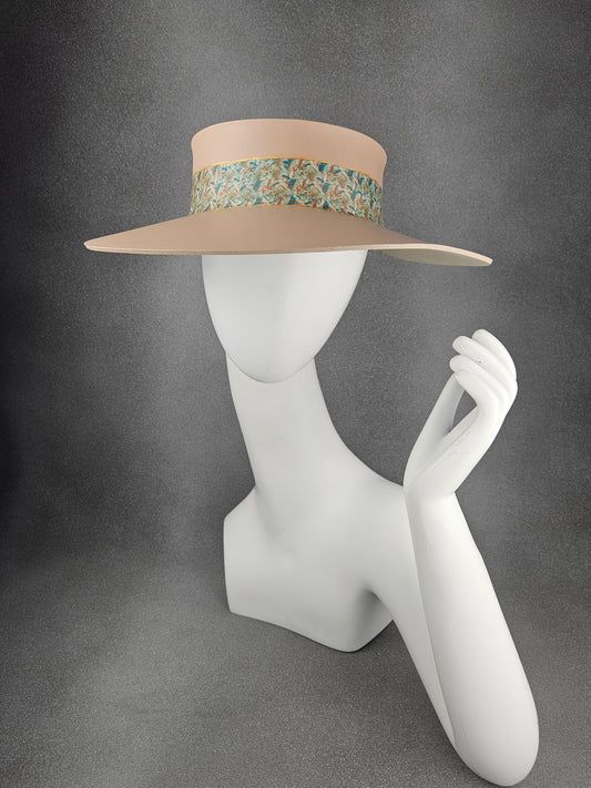 Peachy Beige Audrey Sun Visor Hat with Lovely Teal Green Floral Band: UV Resistant, Walks, Brunch, Tea, Golf, Wedding, Church, No Headache, 1940s Pool, Beach, Big Brim, Summer