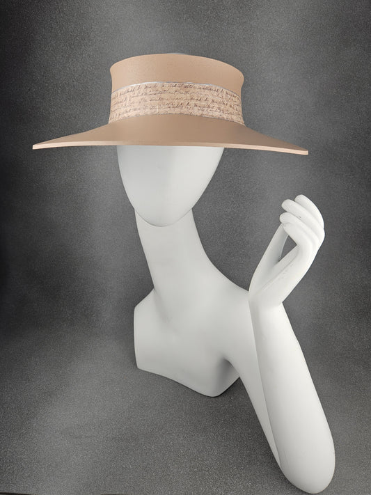 Peachy Beige Audrey Sun Visor Hat with Lovely Silver Script Themed Band: UV Resistant, Walks, Brunch, Tea, Golf, Wedding, Church, No Headache, 1940s Pool, Beach, Big Brim, Summer