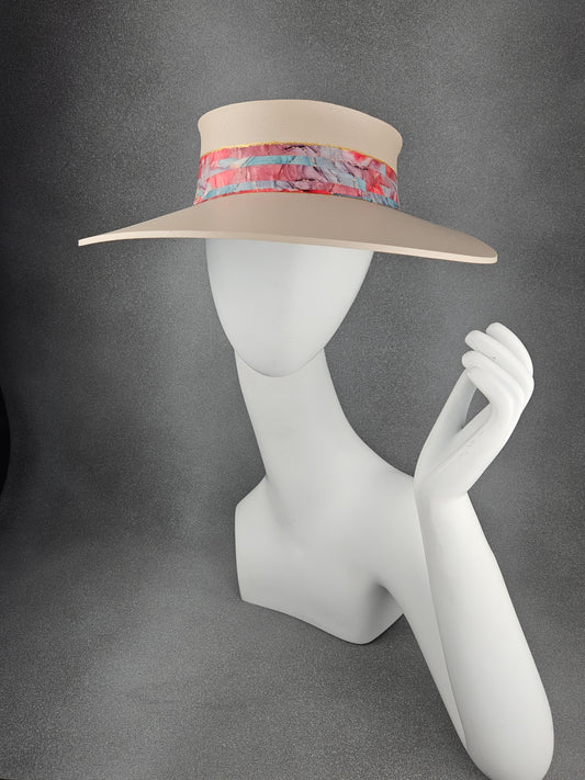 Tall Peachy Beige Audrey Sun Visor Hat with Bright and Bold Multicolored Marbled Band: UV Resistant, Walks, Brunch, Tea, Golf, Wedding, Church, No Headache, 1940s Pool, Beach, Big Brim, Summer