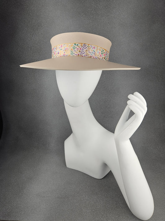 Peachy Beige Audrey Sun Visor Hat with Bright Multicolored Floral Band: UV Resistant, Walks, Brunch, Tea, Golf, Wedding, Church, No Headache, 1940s Pool, Beach, Big Brim, Summer