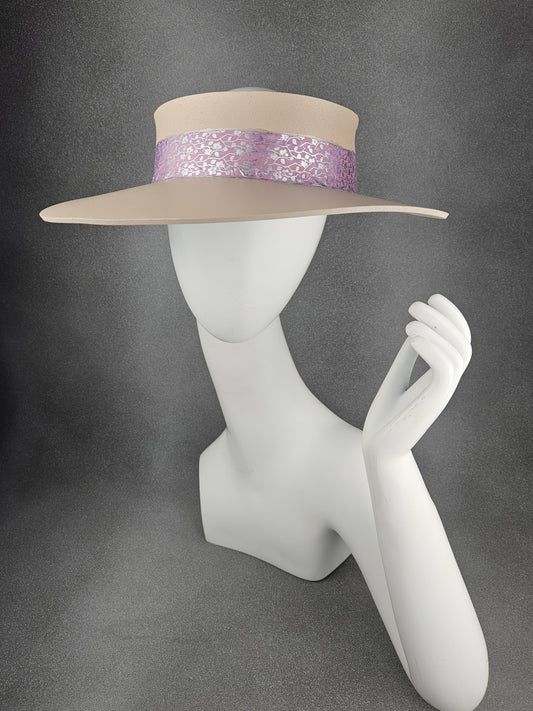 Peachy Beige Audrey Sun Visor Hat with Lavender and Silver Floral Band: UV Resistant, Walks, Brunch, Tea, Golf, Wedding, Church, No Headache, 1950s Pool, Beach, Big Brim