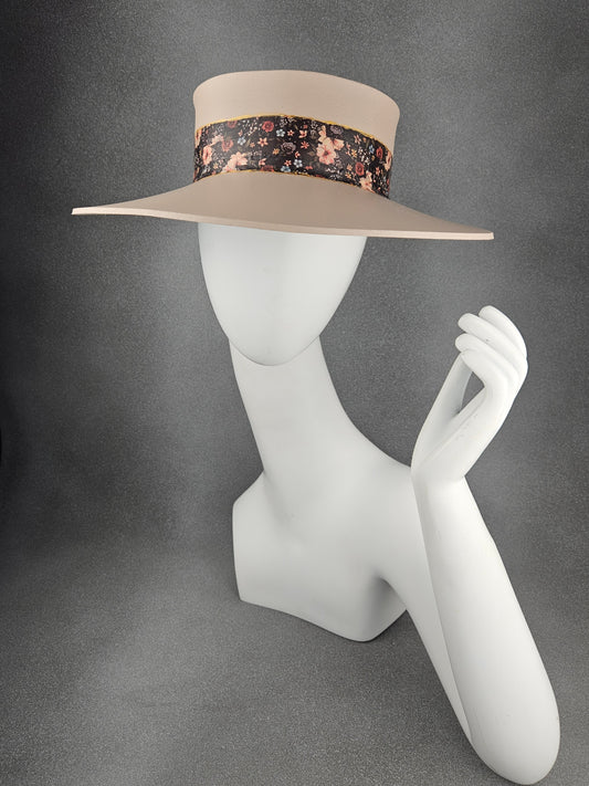Tall Peachy Beige Audrey Sun Visor Hat with Black Multicolor Floral Band: UV Resistant, Walks, Brunch, Golf, Wedding, Church, No Headache, 1950s, Pool, Beach, Big Brim, Summer
