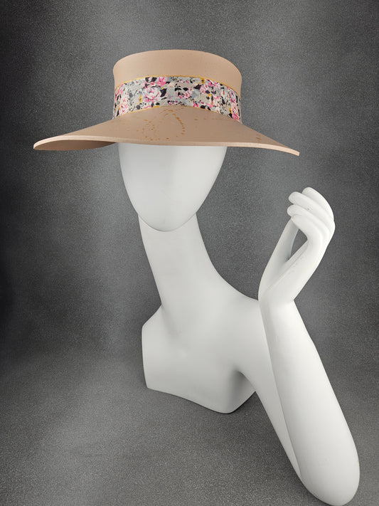 Peachy Beige Audrey Sun Visor Hat with Gray and Pink Floral Band and Silver Paint Splatter Effect: UV Resistant, Walks, Brunch, Golf, Wedding, Church, No Headache, 1950s, Pool, Beach, Big Brim, Summer