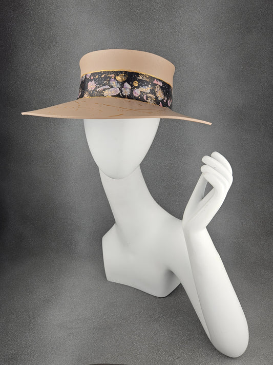 Peachy Beige Audrey Sun Visor Hat with Black Feather and Galaxy Themed Collage Band and Gold Paint Splatter Effect: UV Resistant, Walks, Brunch, Golf, Wedding, Church, No Headache, 1950s, Pool, Beach, Big Brim, Summer