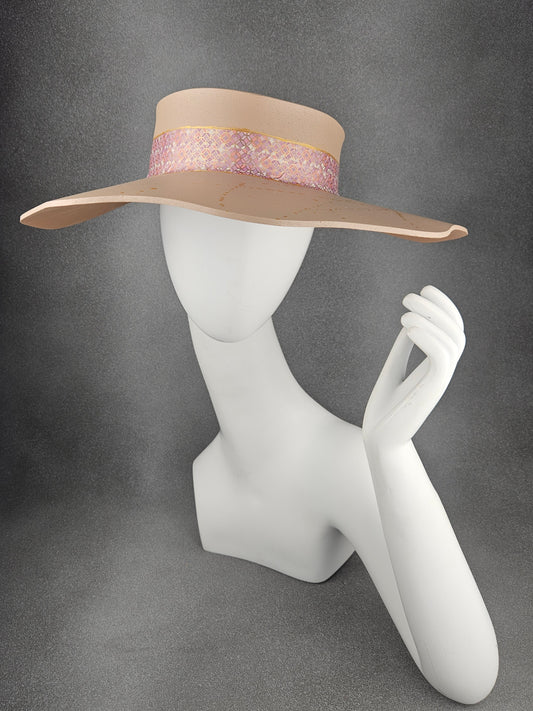 Peachy Beige Lotus Sun Visor Hat with Shimmery Light Pink Geometric Band and Gold Paint Splatter Effect: UV Resistant, Walks, Brunch, Golf, Wedding, Church, No Headache, 1950s, Pool, Beach, Big Brim, Summer