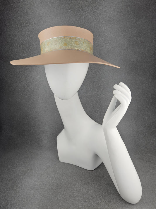 Peachy Beige Audrey Sun Visor Hat with Mint Green and Silver Floral Band: UV Resistant, Walks, Brunch, Golf, Wedding, Church, No Headache, 1950s, Pool, Beach, Big Brim, Summer