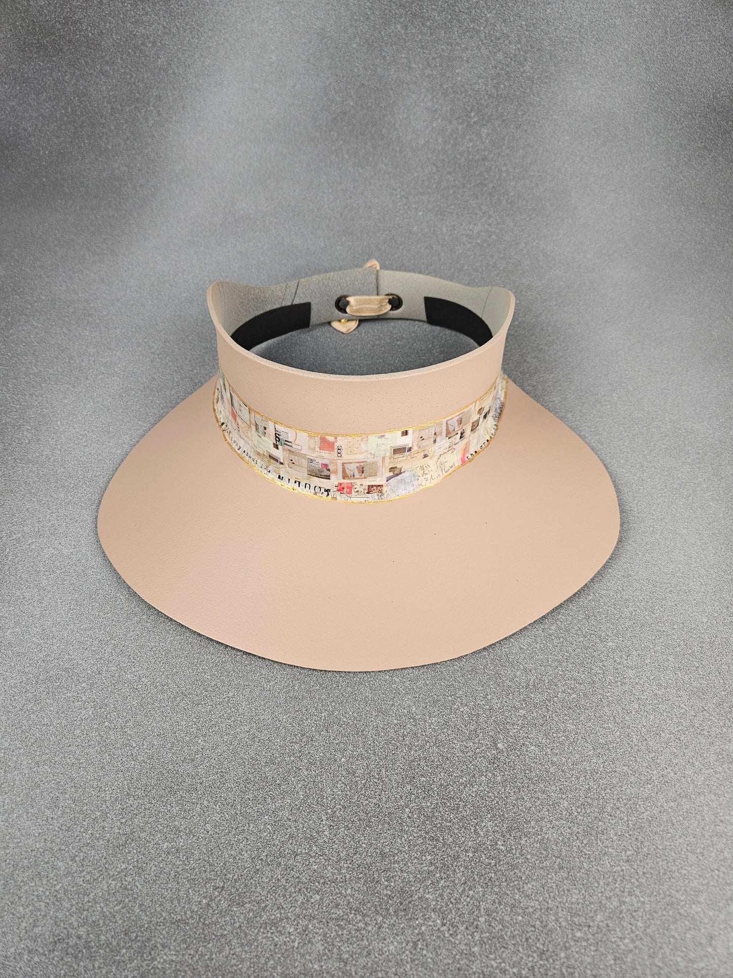 Peachy Beige Audrey Sun Visor Hat with Vintage Style Multicolor Collage Band: UV Resistant, Walks, Brunch, Golf, Wedding, Church, No Headache, 1950s, Pool, Beach, Big Brim, Summer