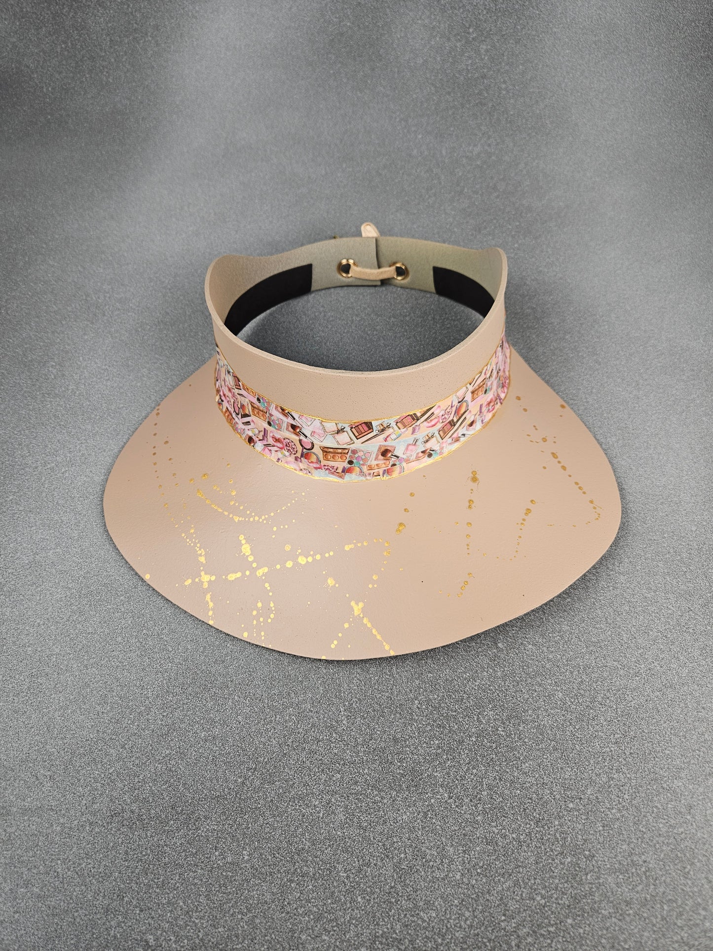 Peachy Beige Audrey Sun Visor Hat with Unique and Fun Cosmetic Themed Collage Band and Golden Paint Splatter Effect: UV Resistant, Walks, Brunch, Golf, Wedding, Church, No Headache, 1950s, Pool, Beach, Big Brim, Summer