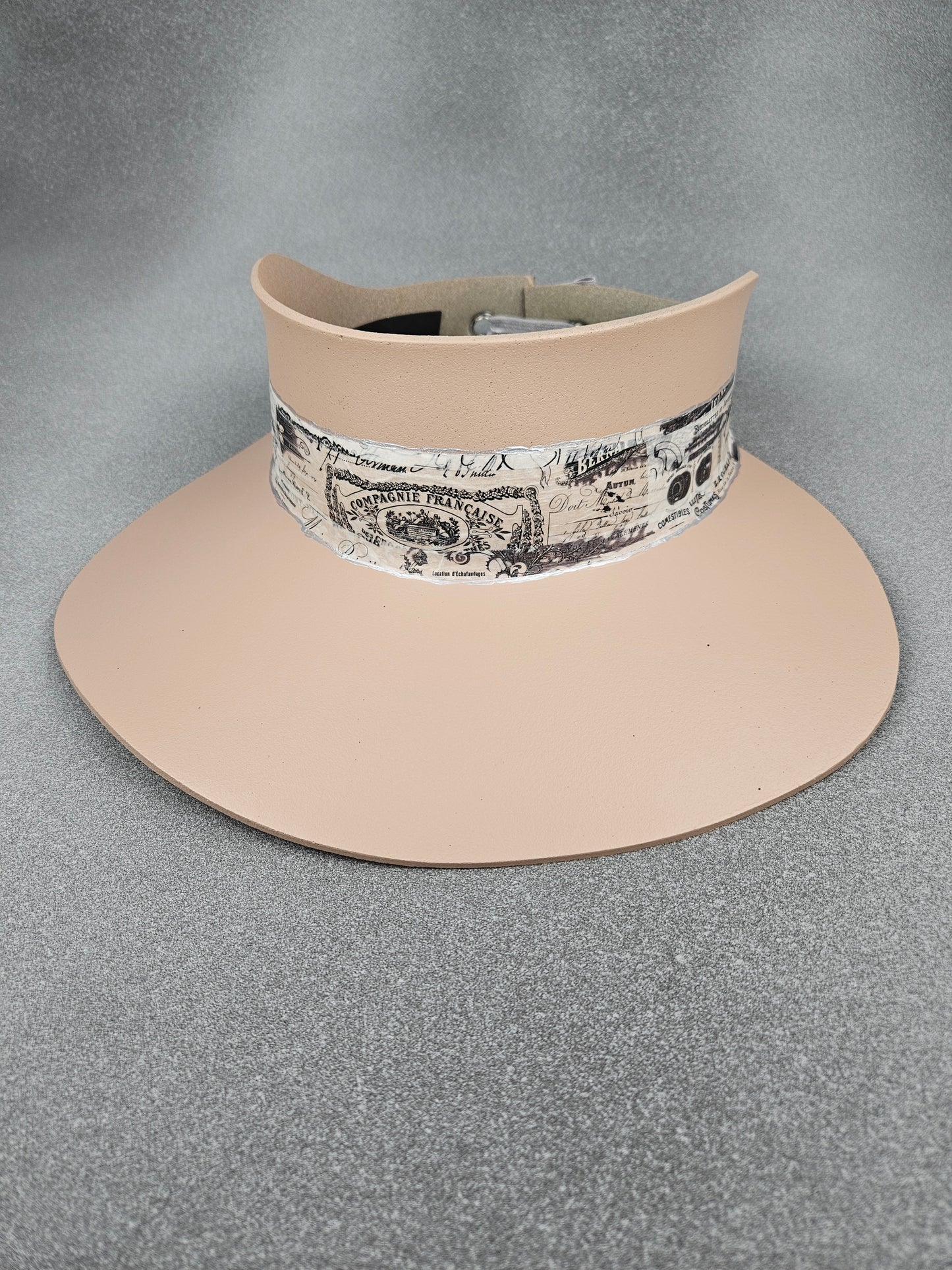 Tall Peachy Beige Audrey Sun Visor Hat with French Themed Band: UV Resistant, Walks, Brunch, Tea, Golf, Wedding, Church, No Headache, 1950s Pool, Beach, Big Brim