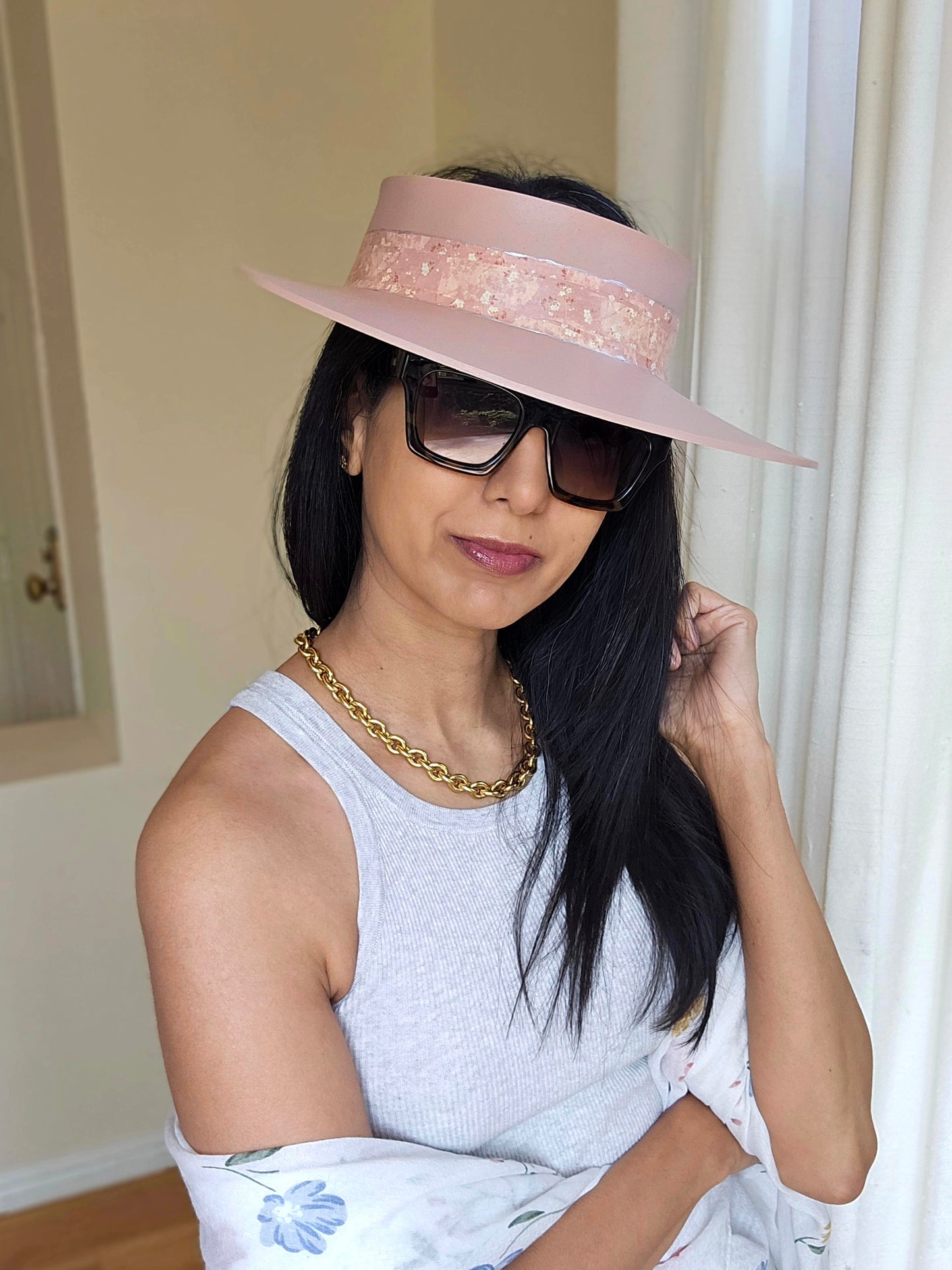 Peachy Pink "LadyEVA" Visor Hat with Floral Band