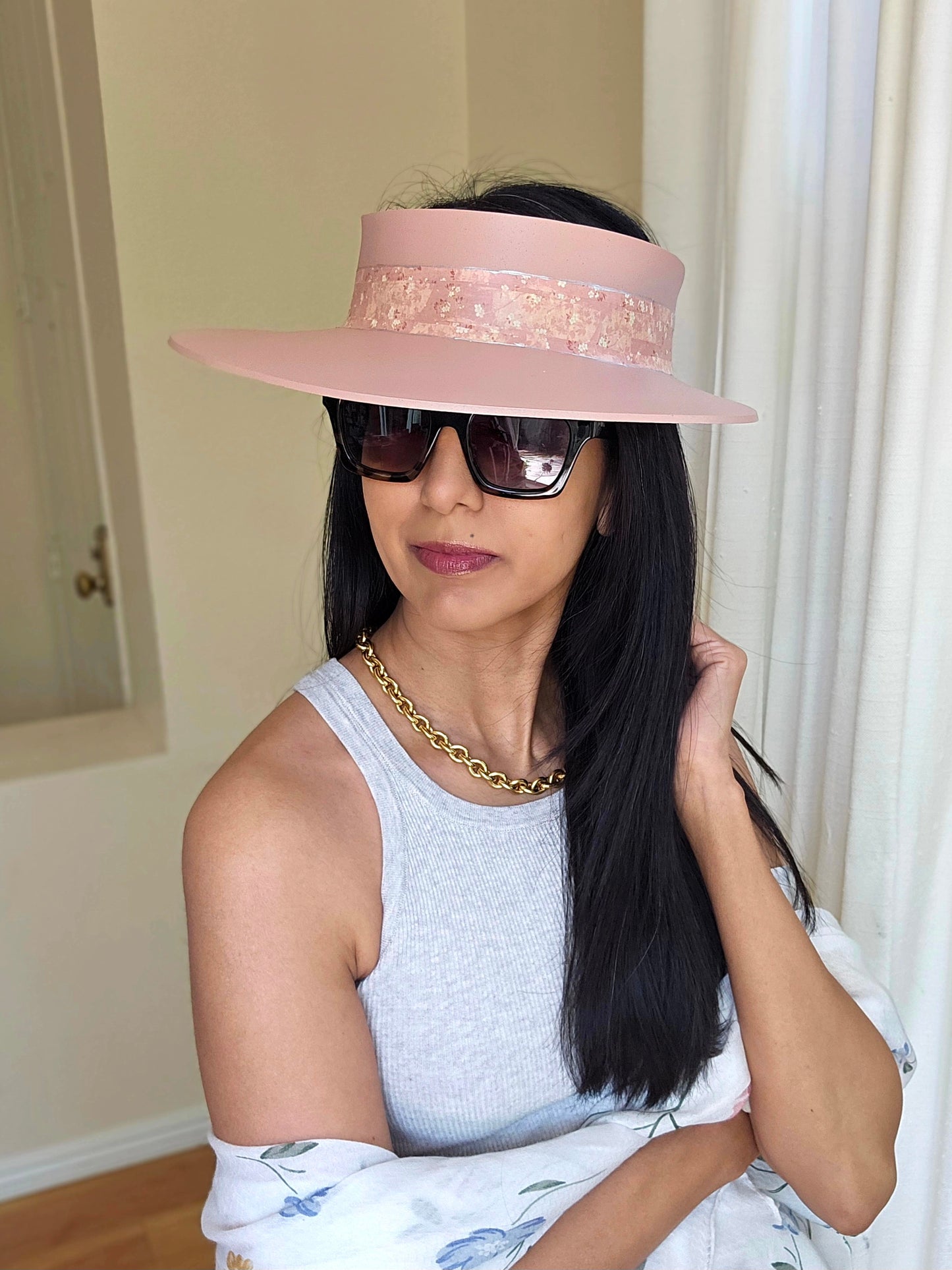 Peachy Pink "LadyEVA" Visor Hat with Floral Band