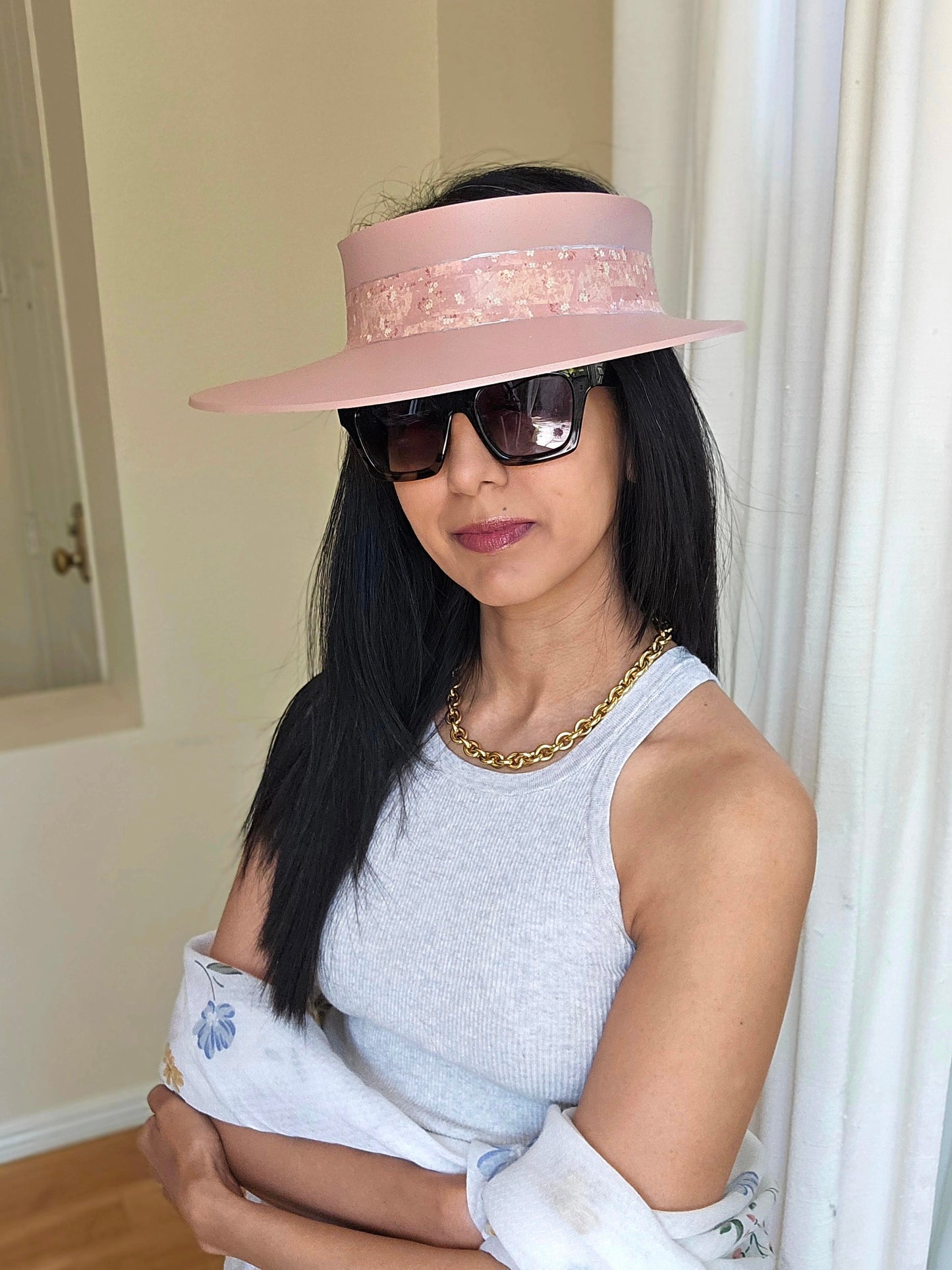 Peachy Pink "LadyEVA" Visor Hat with Floral Band
