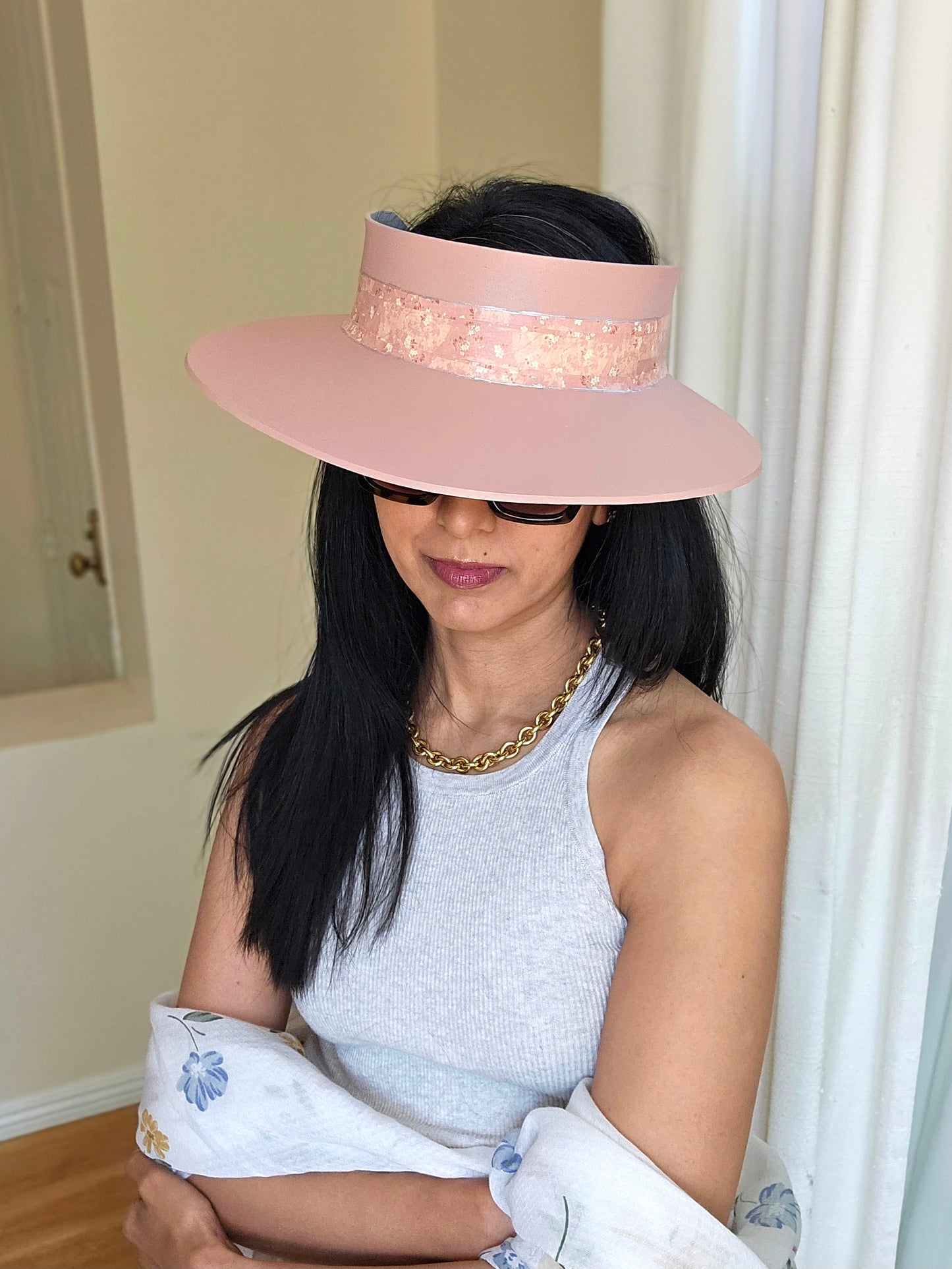 Peachy Pink "LadyEVA" Visor Hat with Floral Band