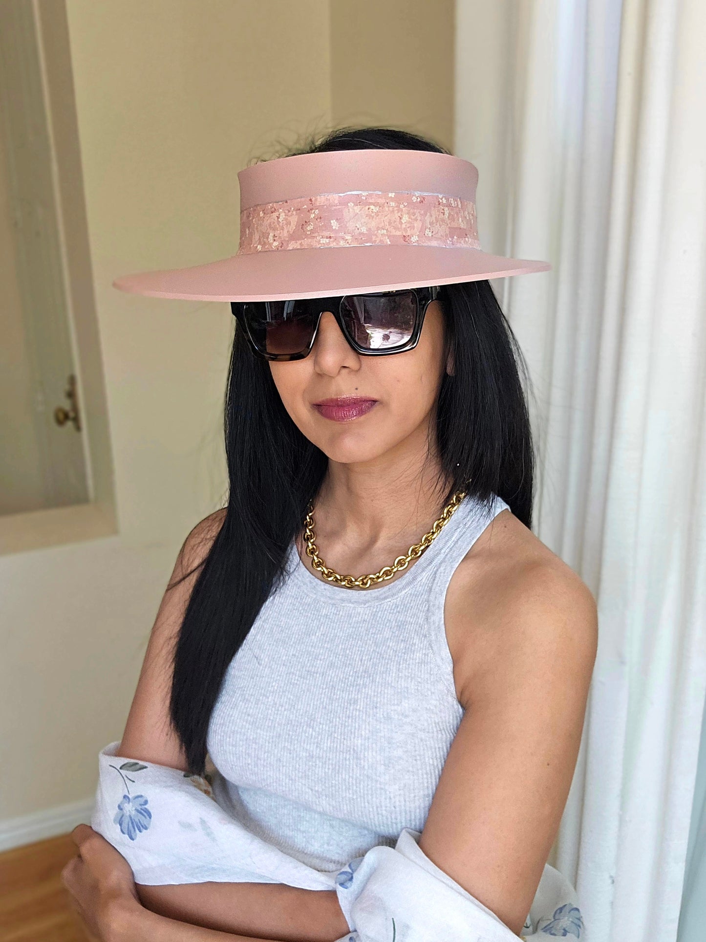 Peachy Pink "LadyEVA" Visor Hat with Floral Band