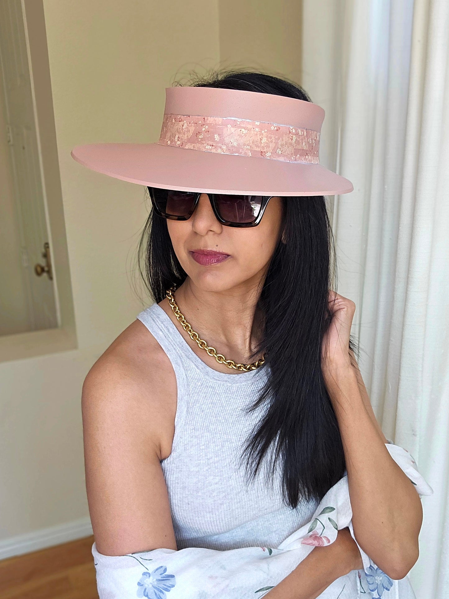 Peachy Pink "LadyEVA" Visor Hat with Floral Band
