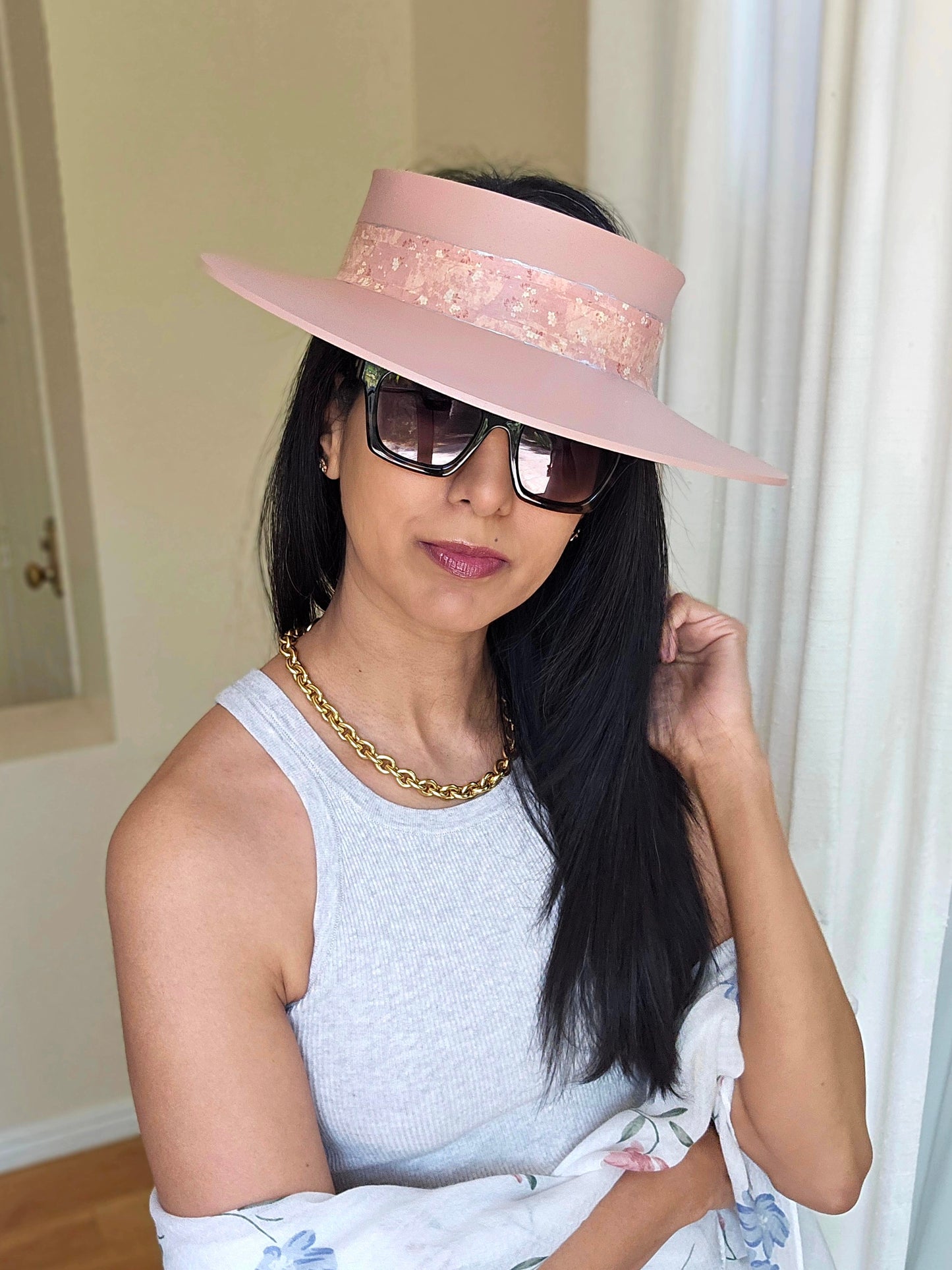 Peachy Pink "LadyEVA" Visor Hat with Floral Band