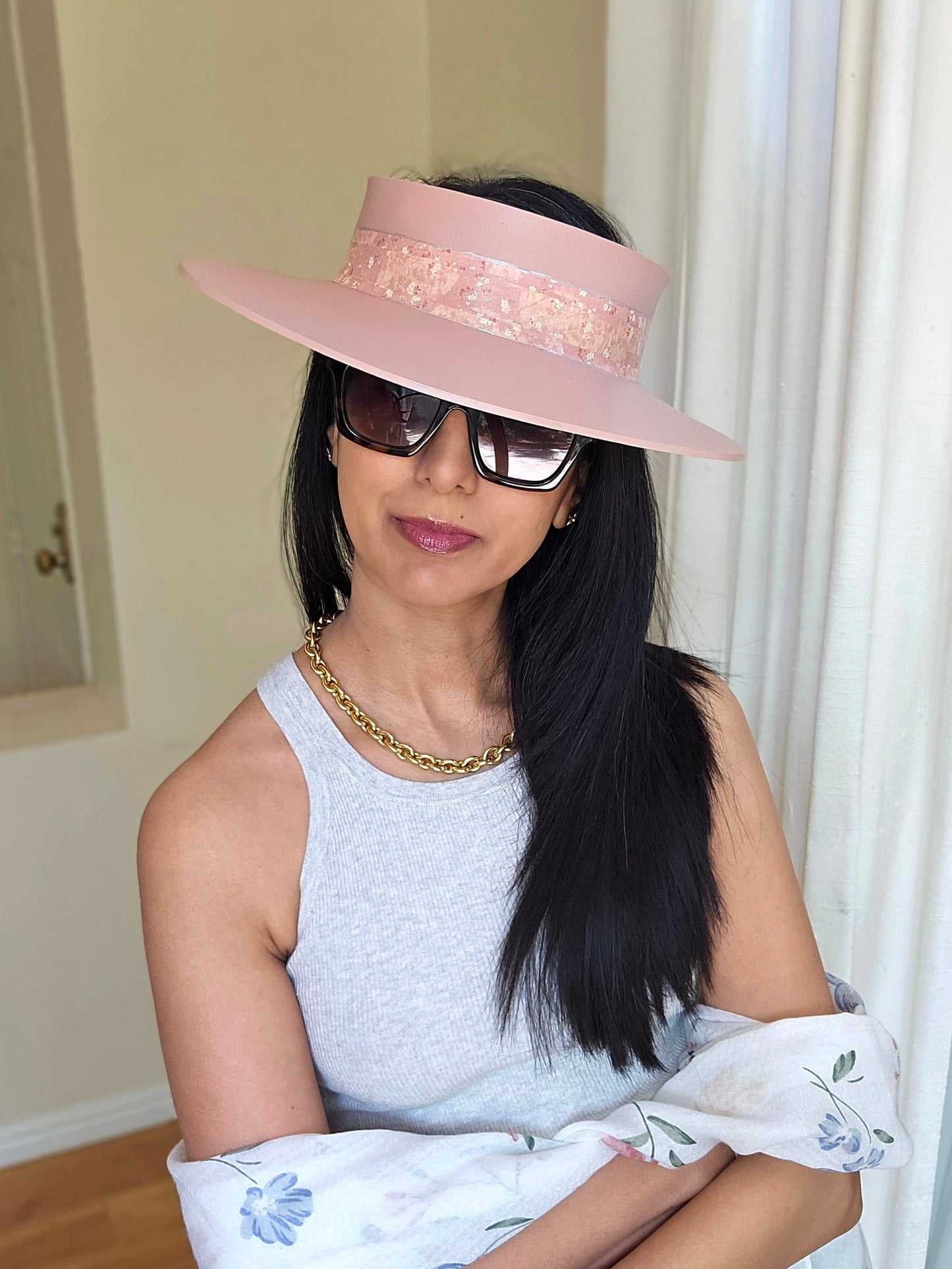 Peachy Pink "LadyEVA" Visor Hat with Floral Band