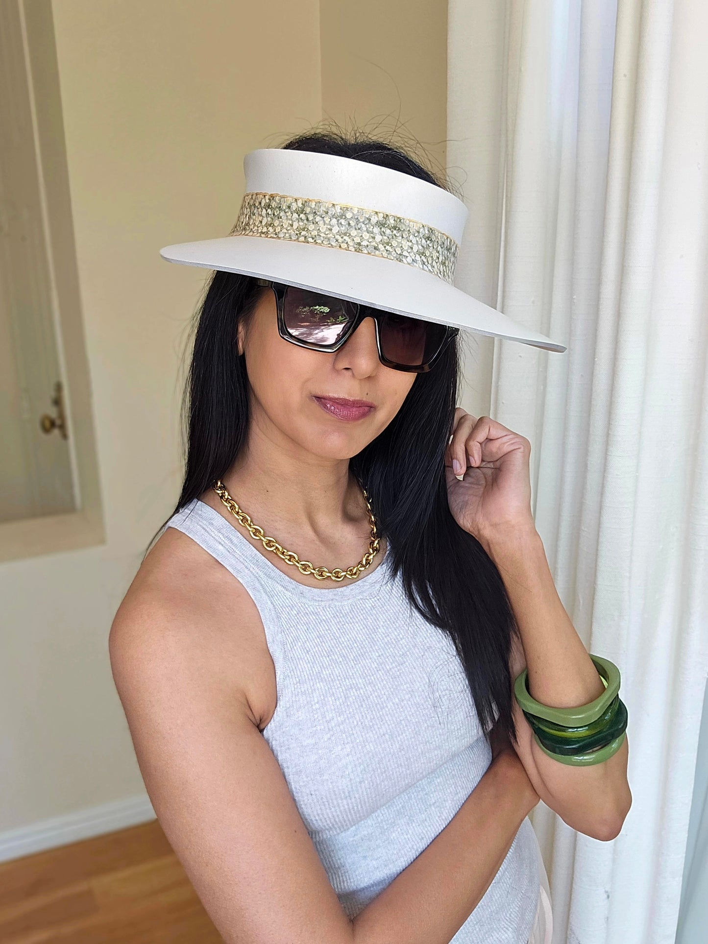 Off-White "LadyEVA" Visor Hat with Delicate Green Floral Band