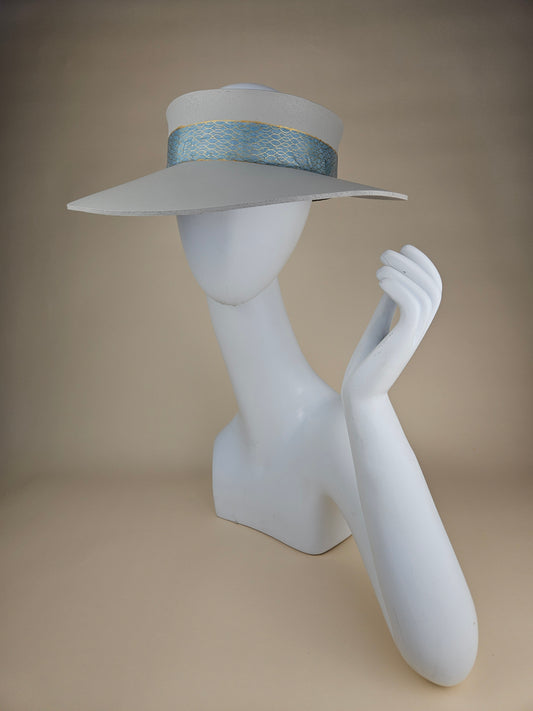 Gorgeous Gray Audrey Foam Sun Visor Hat with Elegant Blue Geometric Band: 1940s, Walks, Brunch, Asian, Golf, Summer, Church, No Headache, Derby