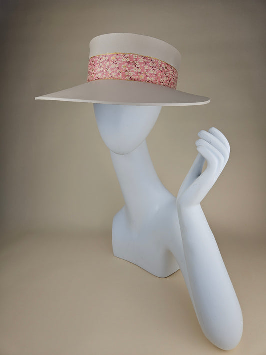 Tall Gray Beige Audrey Foam Sun Visor Hat with Pretty Pink, Floral Band: Tea, Walks, Brunch, Fancy, Golf, Summer, Church, No Headache, Pool