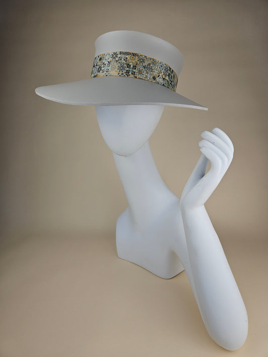 Tall Gorgeous Gray Audrey Foam Sun Visor Hat with Elegant Blue and Gold Geometric Band: 1940s, Walks, Brunch, Asian, Golf, Summer, Church, No Headache, Derby
