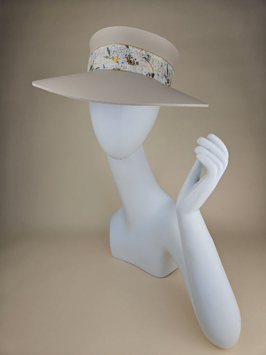 Tall Gray Beige Audrey Foam Sun Visor Hat with Elegant White and Gold, Floral Band: Tea, Walks, Brunch, Fancy, Golf, Summer, Church, No Headache, Pool
