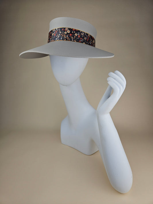 Tall Gorgeous Gray Audrey Foam Sun Visor Hat with Black Multicolored Floral Band: 1940s, Walks, Brunch, Asian, Golf, Summer, Church, No Headache, Derby