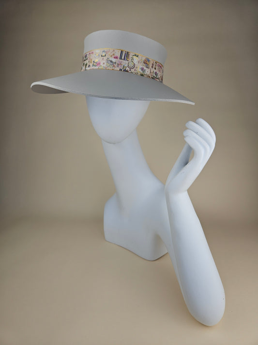 Tall Gorgeous Gray Audrey Foam Sun Visor Hat with Cute Tea Party Themed Band: 1940s, Walks, Brunch, Fancy, Golf, Summer, Church, No Headache, Pool