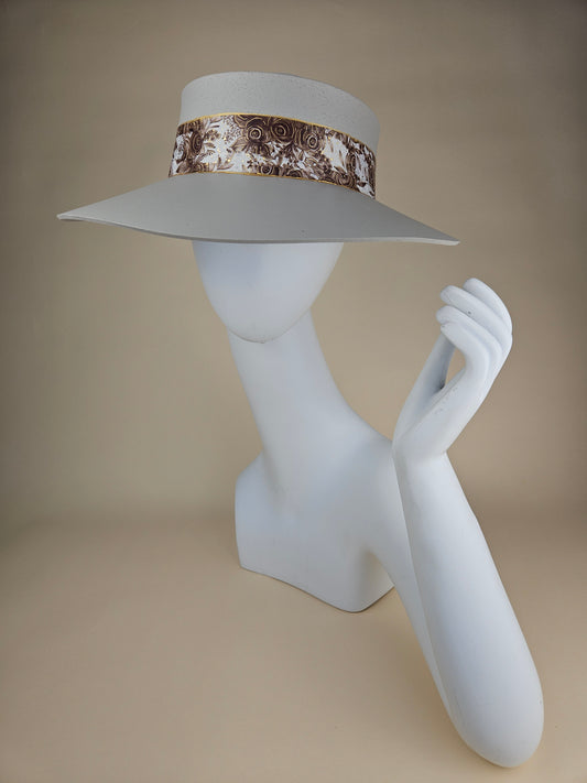 Tall Gorgeous Gray Audrey Foam Sun Visor Hat with Lovely Dark Brown Floral Band: 1940s, Walks, Brunch, Fancy, Golf, Summer, Church, No Headache, Pool