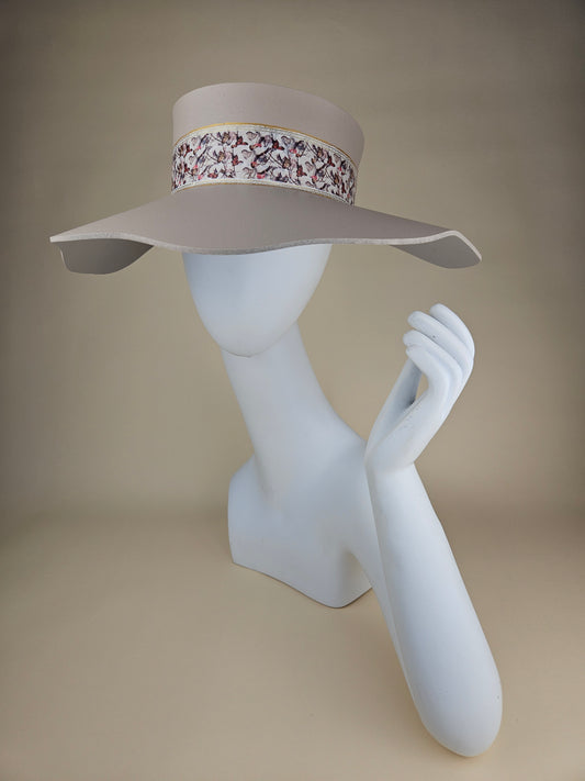 Tall Gray Beige Lotus Foam Sun Visor Hat with Elegant Multicolor Butterfly Band: Tea, Walks, Brunch, Fancy, Golf, Summer, Church, No Headache, Pool