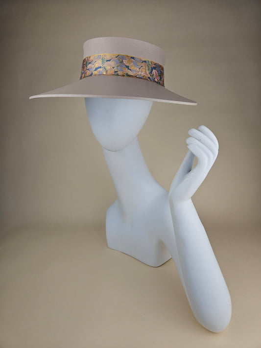Peach Gray Audrey Sun Visor Hat with Golden Multicolor Band: Tea, Walks, Brunch, Fancy, Golf, Summer, Church, No Headache, Pool