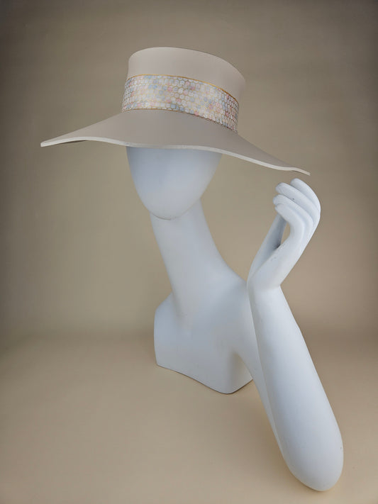 Tall Gray Beige Lotus Sun Visor Hat with Pale Pink, Geometric Band: Tea, Walks, Brunch, Fancy, Golf, Summer, Church, No Headache, Pool