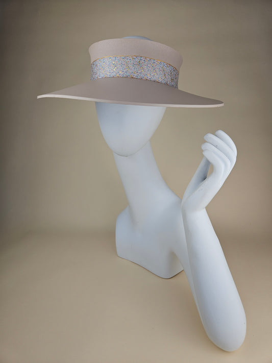 Peach Gray Audrey Sun Visor Hat with Golden Pastel Multicolor Floral Band: Tea, Walks, Brunch, Fancy, Golf, Summer, Church, No Headache, Pool