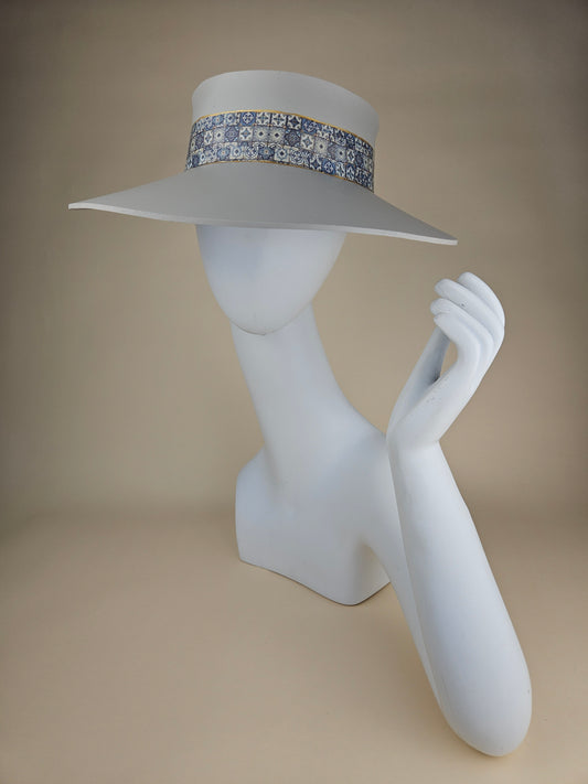 Tall Gorgeous Gray Audrey Foam Sun Visor Hat with Lovely Blue Geometric Tile Band: 1940s, Walks, Brunch, Fancy, Golf, Summer, Church, No Headache, Pool