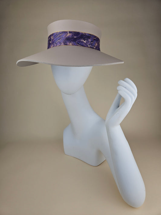 Peach Gray Audrey Sun Visor Hat with Purple Marbled Band: Tea, Walks, Brunch, Fancy, Golf, Summer, Church, No Headache, Pool