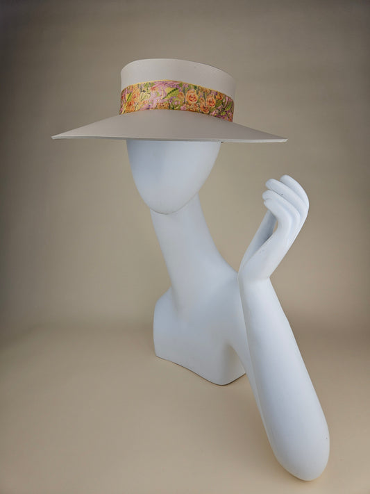 Gray Beige Audrey Sun Visor Hat with Elegant Orange and Gold Floral Band: Tea, Walks, Brunch, Fancy, Golf, Summer, Church, No Headache, Pool