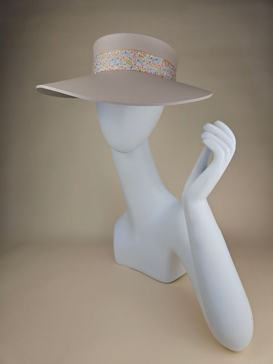 Peach Gray Audrey Sun Visor Hat with Elegant Pastel Floral Band: Tea, Walks, Brunch, Fancy, Golf, Summer, Church, No Headache, Pool