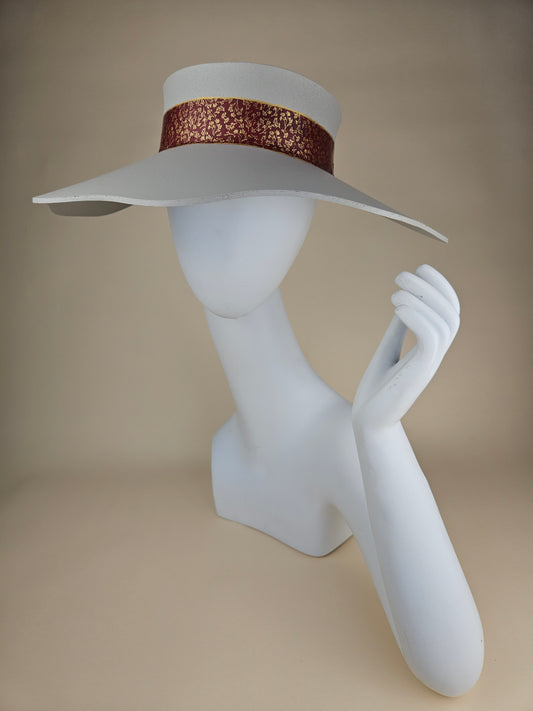Gorgeous Gray Lotus Foam Sun Visor Hat with Burgundy and Gold Floral Band: 1940s, Walks, Brunch, Fancy, Golf, Summer, Church, No Headache, Pool
